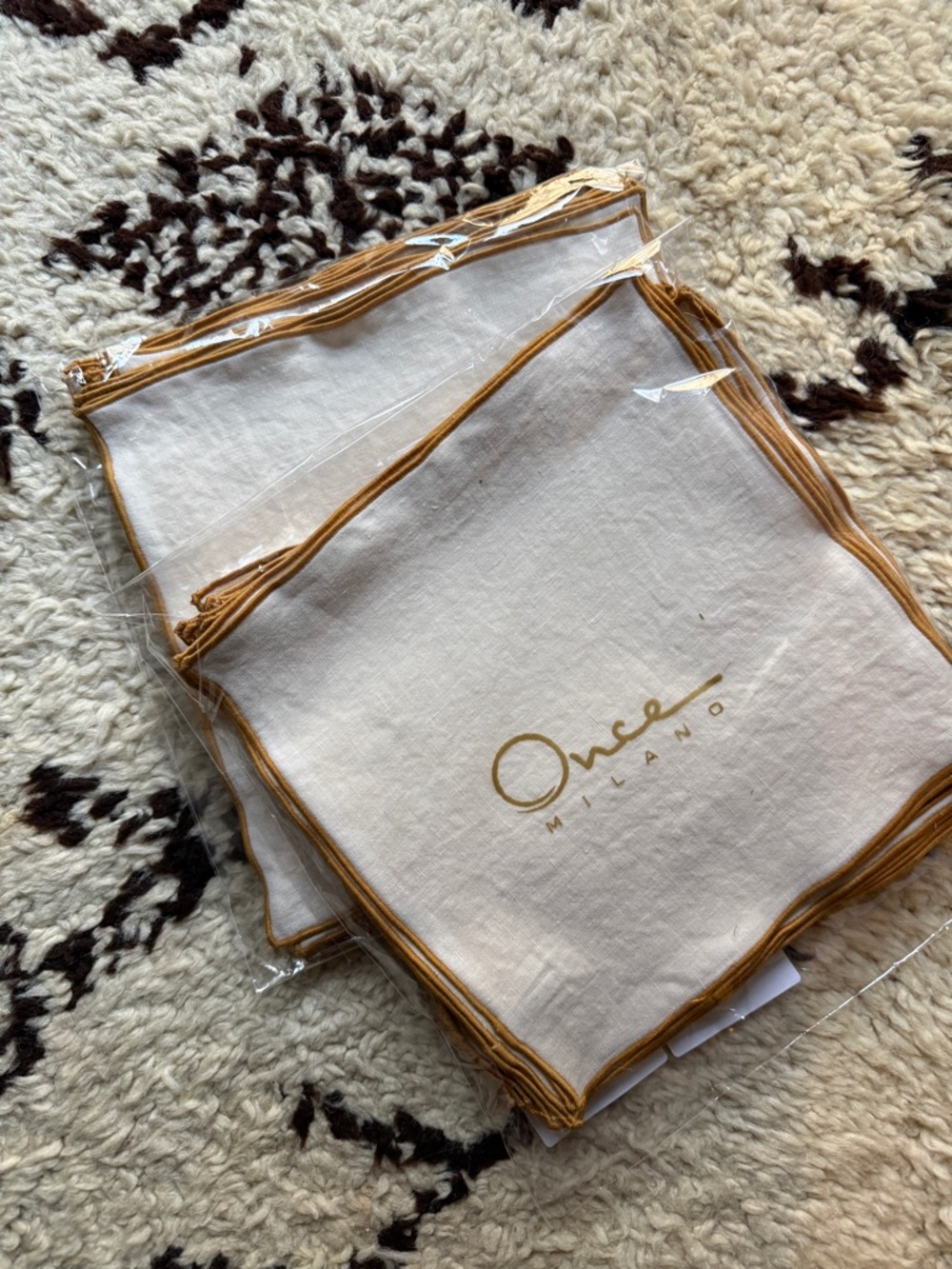 Linen Beige Cocktail Napkins Mustard Trim